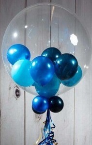 High quality bobo balloon stuffed with shades of blue balloons on stick and leaves