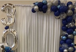 Balloon arch with shades of blue silver confetti balloons with double digit and lights