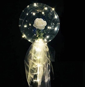 White Net covering white rose swallowed in 1 Transparent Balloon tied with white ribbons