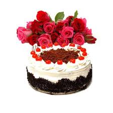 Arrangement of 15 roses and 1/2 kg black forest cake