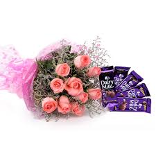 A bouquet of 10 pink roses 4 silk chocolates bars