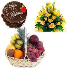 3 kg fruits and 15 flowers basket and 1/2 kg cake