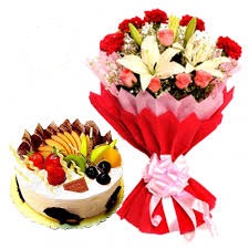 A bouquet of lilies and 1 kg fruit cake