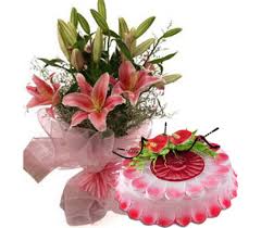 A bouquet of lilies and 1 kg strawberry cake