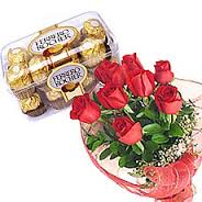 16 Ferrero and 8 red roses in a bouquet