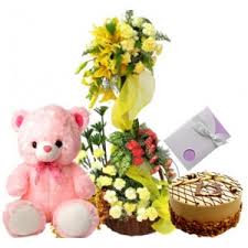 1 feet teddy with 2 tier roses arrangement 1/2 kg of cake and card