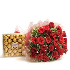 A bouquet of 10 red roses 24 ferrero chocolates