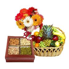 3 kg fruits and 1/2 kg dry fruit with 12 flowers bunch