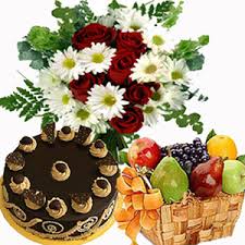 3 kg fruits and 15 flowers basket and 1/2 kg cake