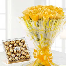 24 ferrero rocher chocolates and a bouquet of 30 yellow roses