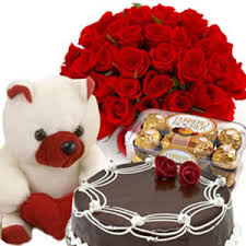 24 roses half kg cake 16 ferrero teddy