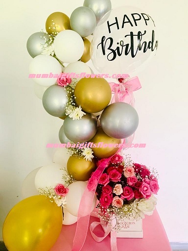 Custom made happy birthday metallic balloons white gold silver with box of flowers