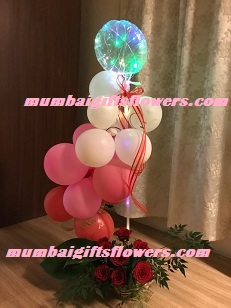 Led Light balloon Pink red white balloons arrangement with roses For Pune Mumbai Dehradun