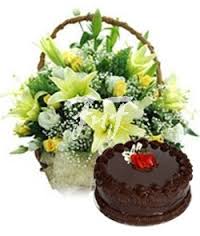 A basket of lilies and 1 kg cake