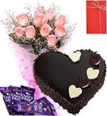 A bouquet of 12 roses with 1 kg heart cake, 4 silk chocolate bars and greeting card