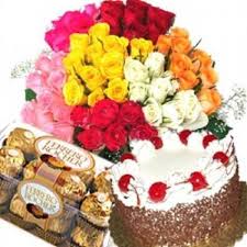 Basket of 40 mix roses and 16 ferrero chocolates and 1/2 kg cake