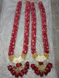 Wedding ceremony ritual traditional jaimala with fresh red roses for bride and groom