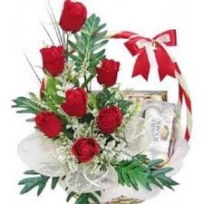 6 roses and 16 ferrero chocolates in same basket