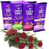 4 silk chocolates with 6 red roses