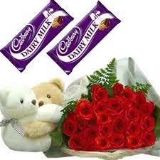 18 red roses bouquet 1 Teddy 2 dairy milk chocolate